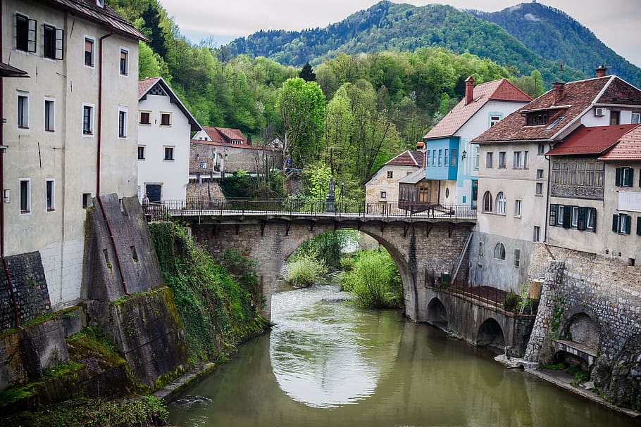 skofja loka, medieval town, river, bridge, slovenia, architecture, built structure, water, building exterior, building