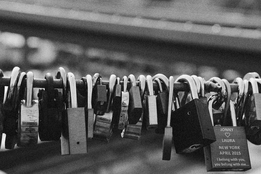 padlocks, love, black and white, lock, hanging, focus on foreground, safety, security, close-up, protection