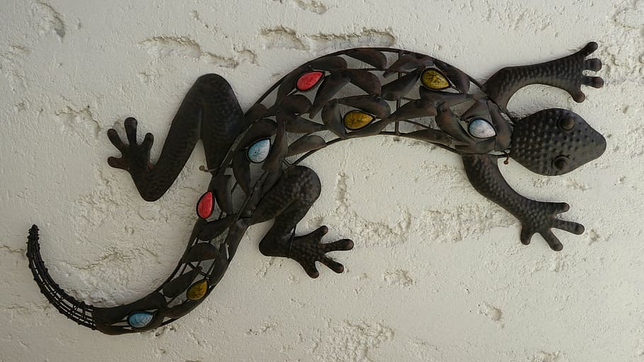 lizard, metal, sculpture, colorful, reptile, animal, nature, wildlife, animal themes, wall - building feature