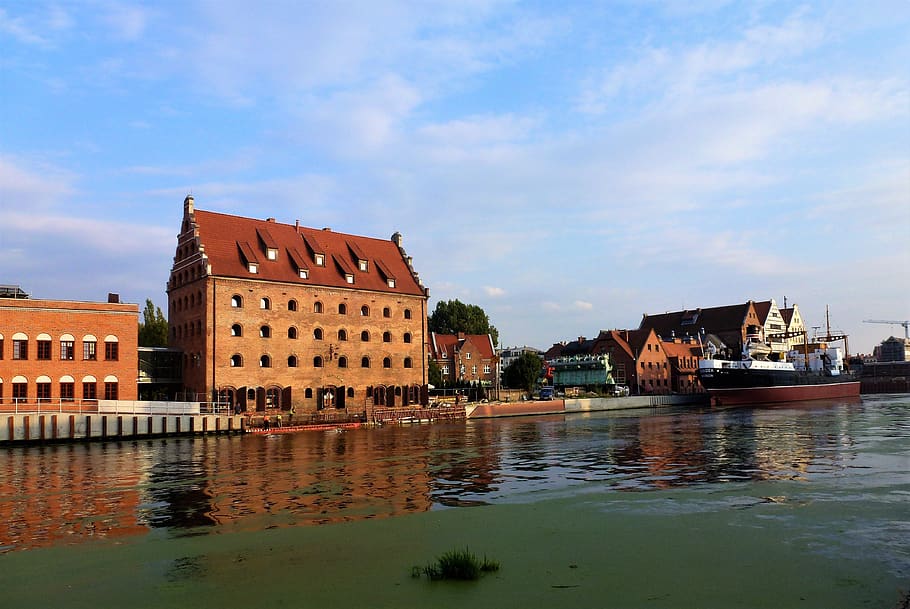construção, polônia, porto de gdansk, cidade, corpo de água, rio, arquitetura, casa, viagens, turismo