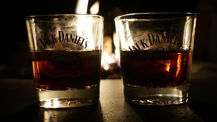 two, clear, jack, daniel, shot glasses, half-filled, brown, liquors, jack daniels, whiskey