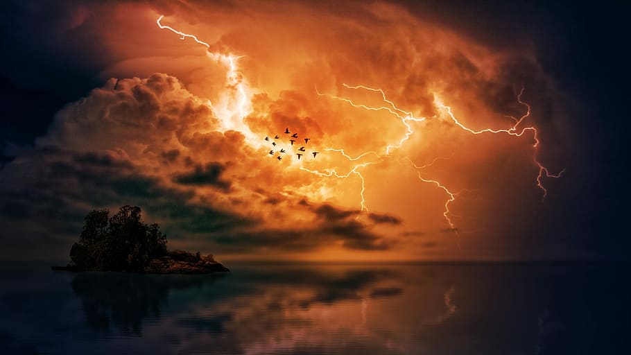 landscape shot, lightning, thunderstorm, sea, clouds, forward, island, birds, storm, sky