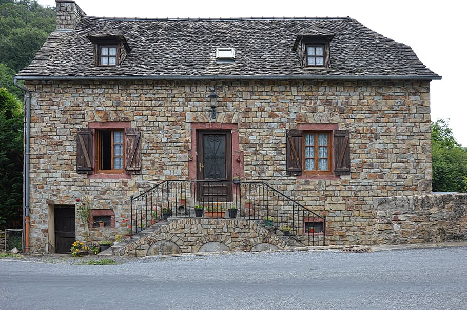 beige, gray, brick house, trees, old house, old houses, old village, french village, house facade, aveyron