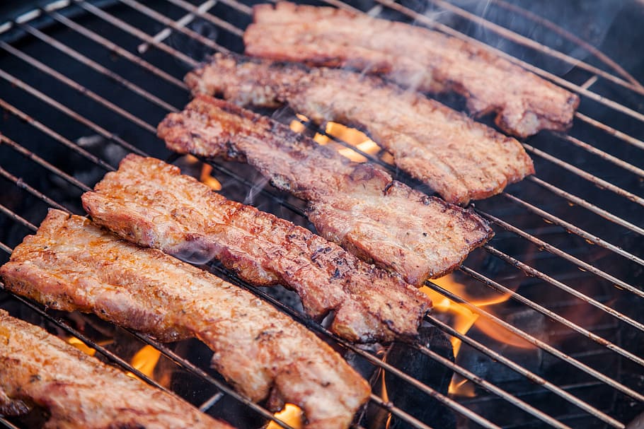 grilled pork bellies, grill party, grilled meats, grilled, barbecue, grilling, charcoal, embers, stainless, fire