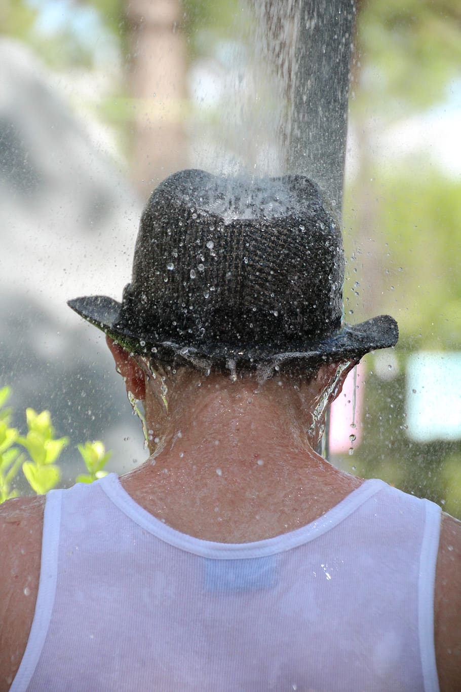 rain, shower, wet, drip, rainy, fresh, man, hat, summer, water