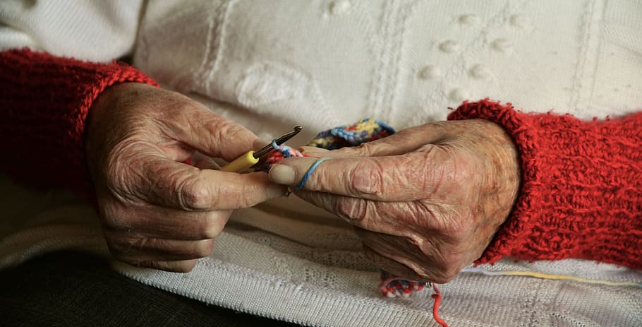 person, wearing, white, red, sweater, knitting, hands, old hands, age, grandma