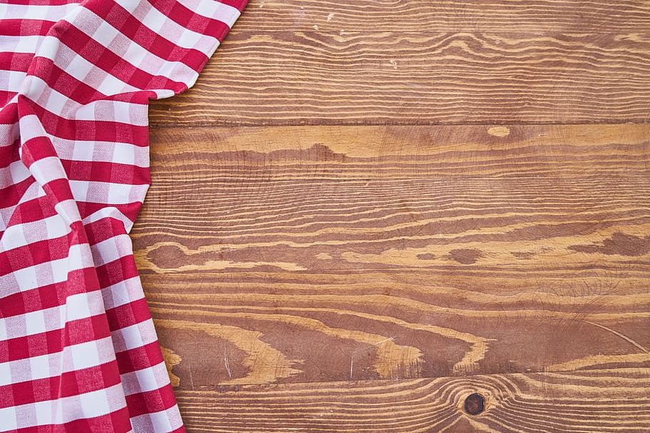 white, red, gingham textile, table, cover, plaid, background, wood, detail, food