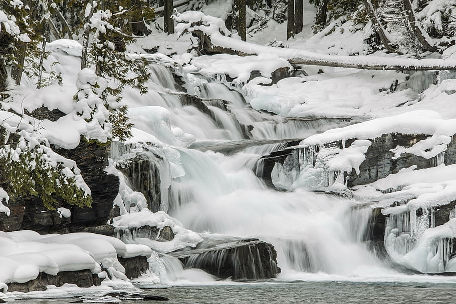 waterfalls, snowy, day, mcdonald creek, winter, snow, ice, flowing, water, stream