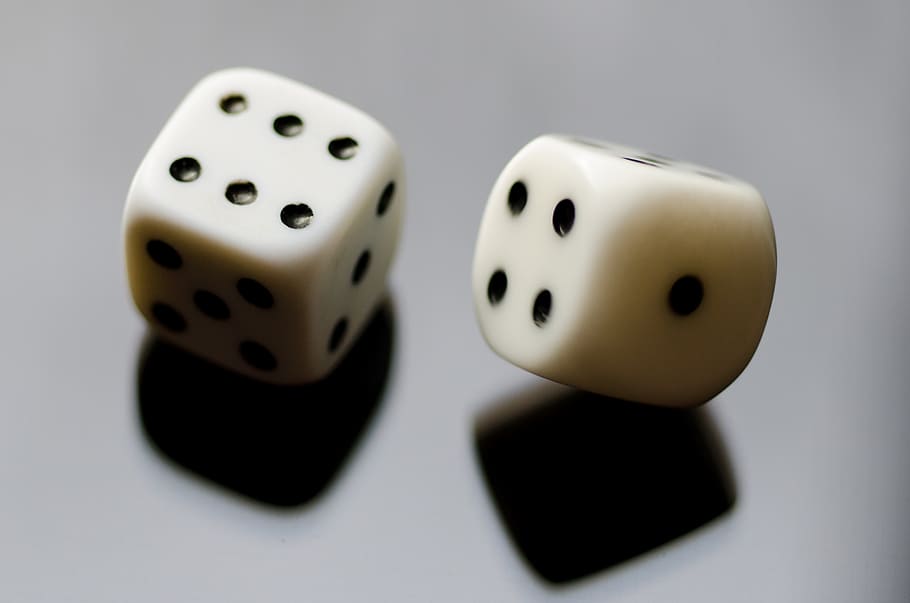 macro photography, two, white, dices, dice, reflection, six, eyes, rolling, luck