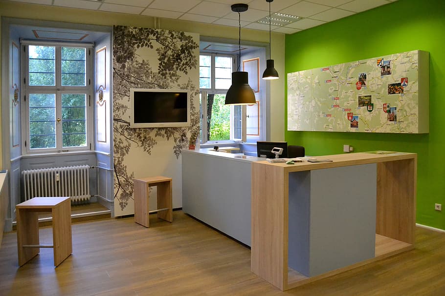 flat, tv layar, di dalam, ruang dapur, penerimaan, hijau, kayu, abu-abu, info wisata, di dalam ruangan