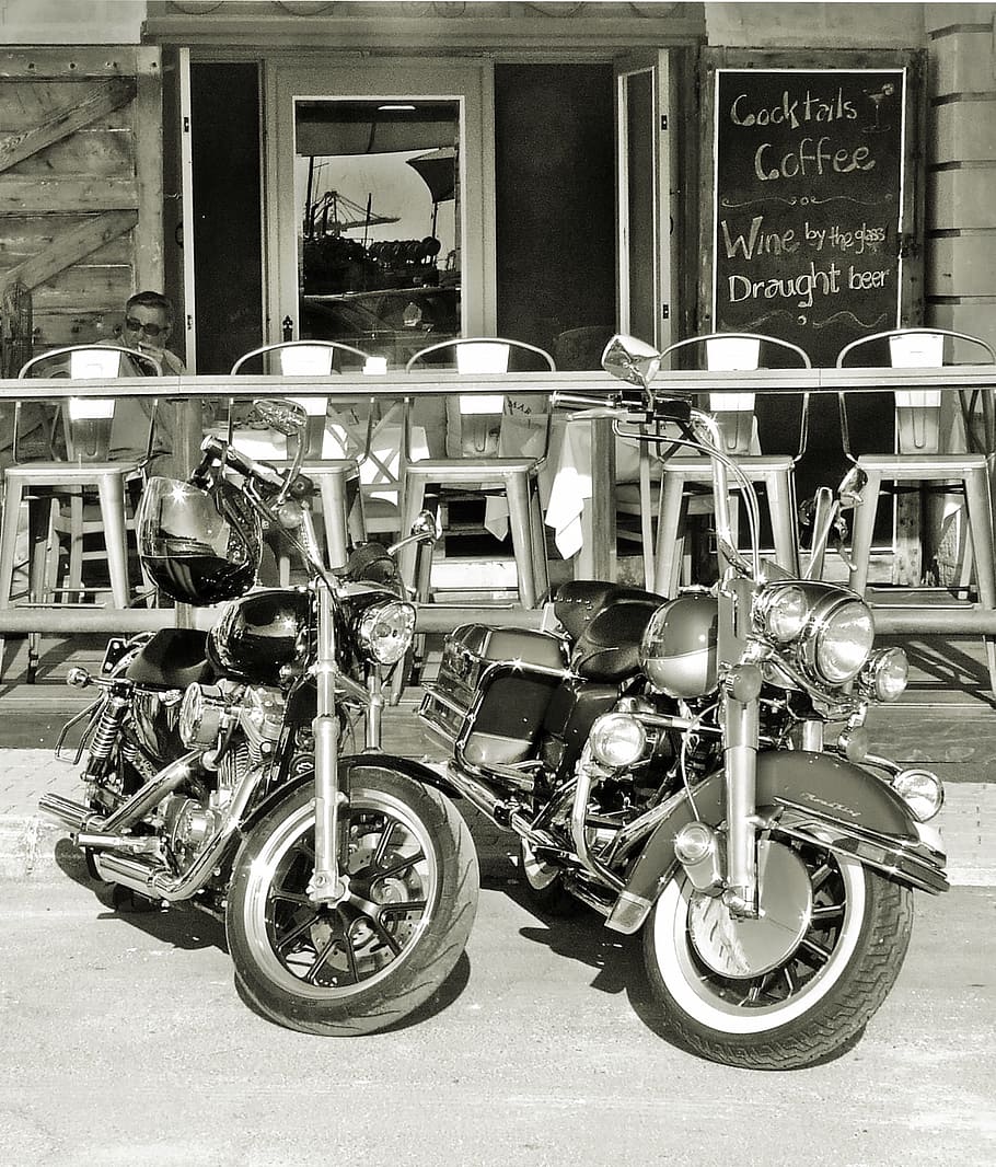 two, cruiser motorcycles, parked, front, cafe, harley davidson, chalk board, harley, black and white, black white