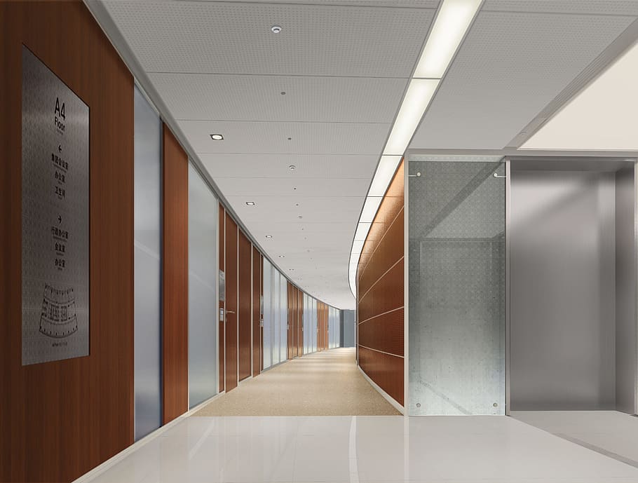 pasillo, al lado, marrón, pared plateada, edificio de oficinas, villa, representación, visualización, arquitectura, visualización 3d