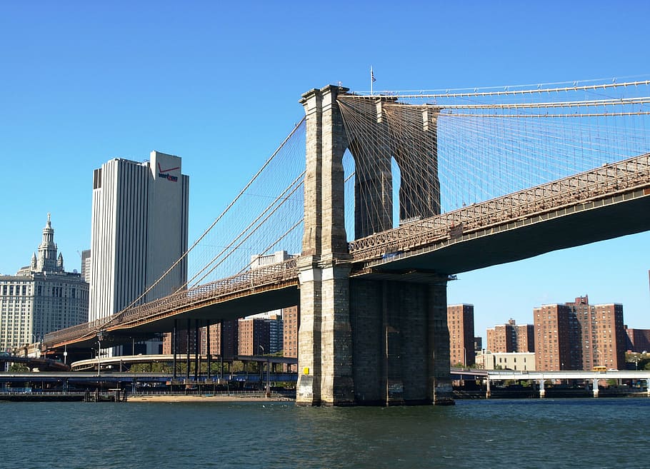 brooklyn bridge, manhattan, new york, usa, architecture, built structure, transportation, city, water, connection