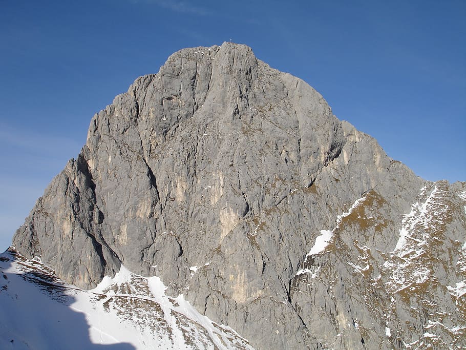 gimpel, steep wall, rock wall, south wall, mountains, alpine, tyrol, tannheimertal, snow, mountain