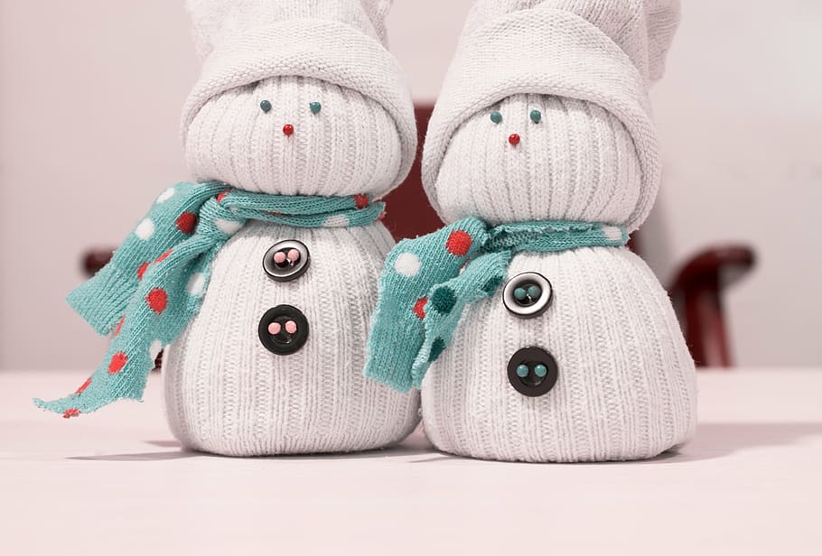 two, white-and-teal snowman sock dolls, snowman, holidays, christmas, winter, new, year, xmas, decoration