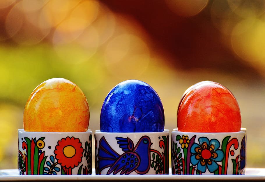 three, assorted-color, decorative, eggs, easter, easter eggs, colorful, happy easter, egg, colored