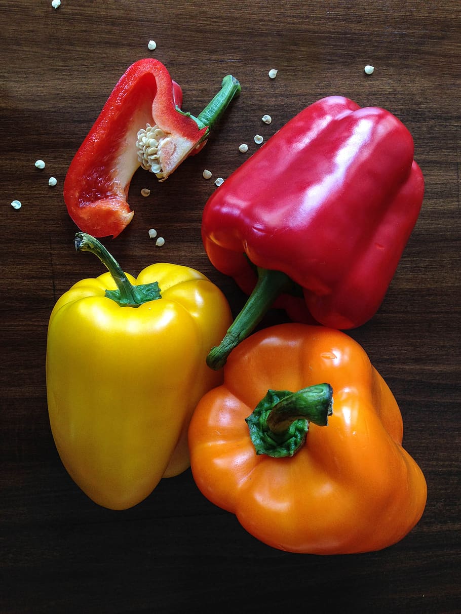 peppers, vegetables, red, yellow, orange, seeds, wood, pepper, vegetable, bell pepper