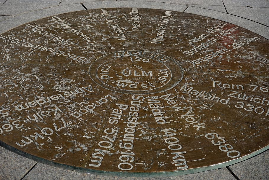 Ulm, Cities, Copper, Plate, Distances, copper plate, points of the compass, mileage, circular, cathedral square