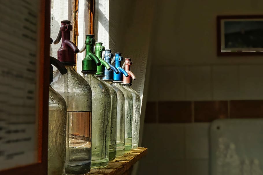 bottles, wooden, shelf, window, glass, soda water, soda water bottles, old, mood, bottle