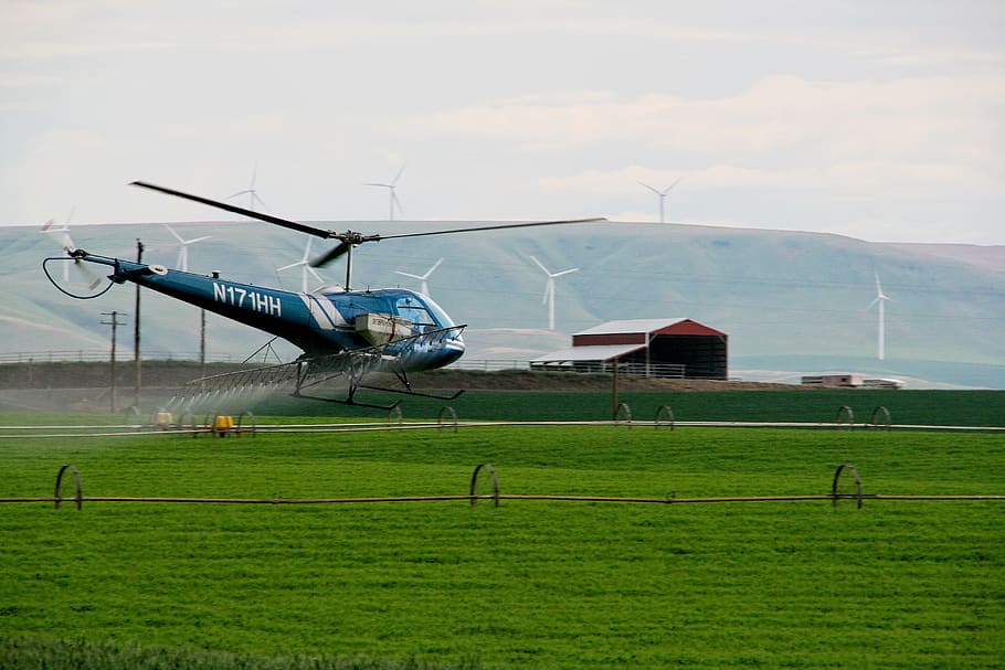helicopter, spraying, farming, greenfield, agriculture, sprayer, crops, country, field, land