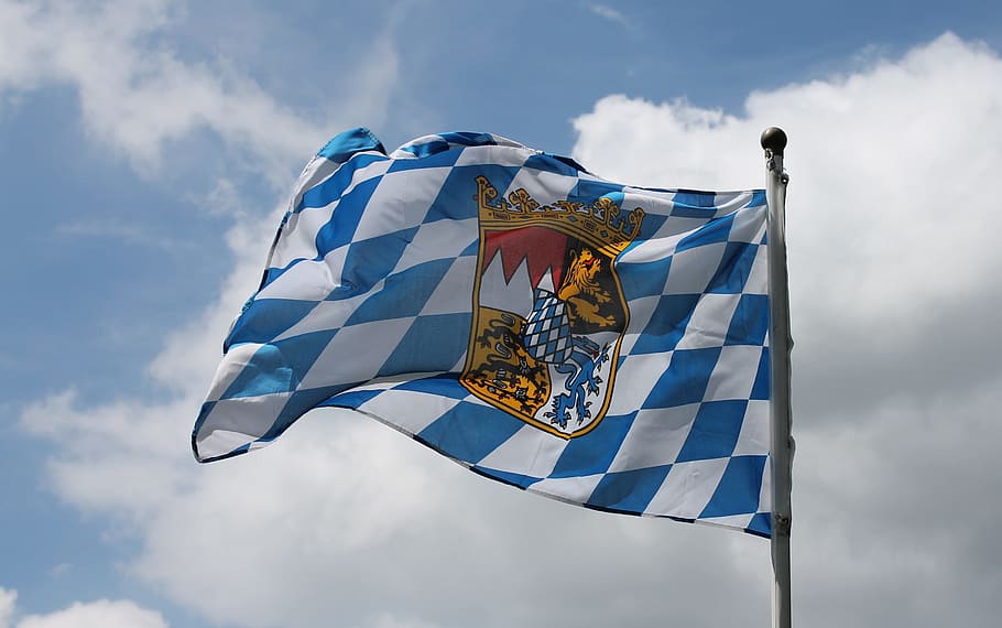 bavaria, flag, swiss francs, blow, flutter, white blue, bavarian, german, germany, sky
