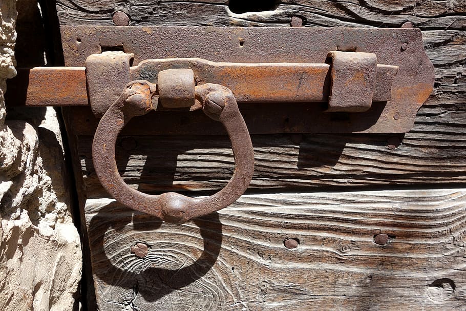 lock and key, blocked, closed, door lock, old wooden door, closure, old, rusty, old-fashioned, door