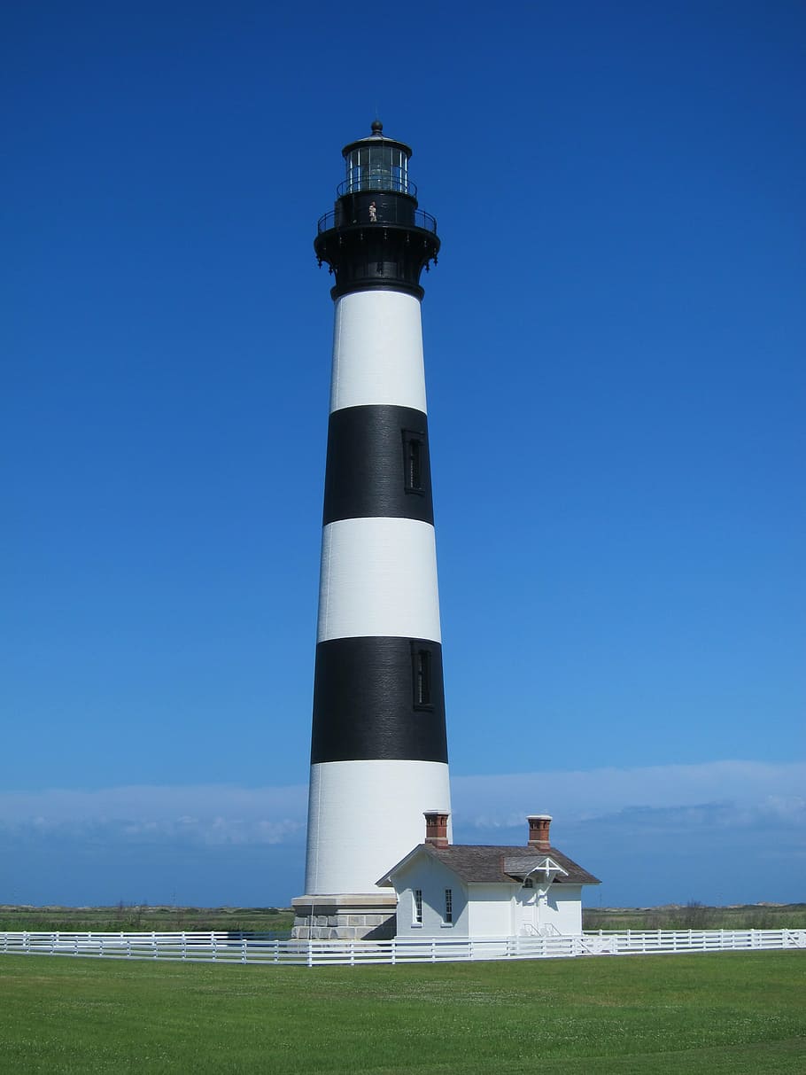 white, black, lighthouse photography, lighthouse, bodie island, north carolina, tourism, beacon, light, coast