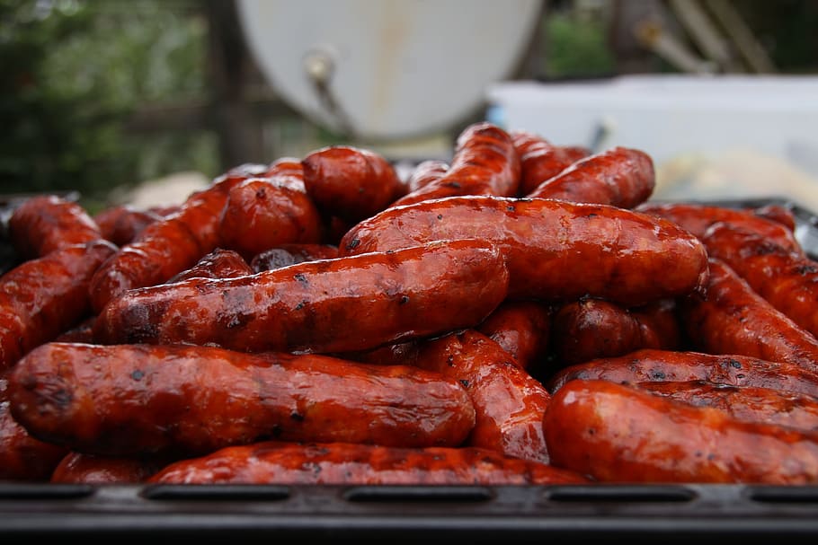 pile, grilled, sausages, chorizo, bbq, barbecue, food, grill, sausage, cooking