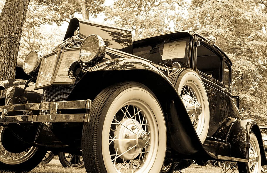 sephia photo, vintage, vehicle, trees, antique car, classic car, car, 1931, ford, model a