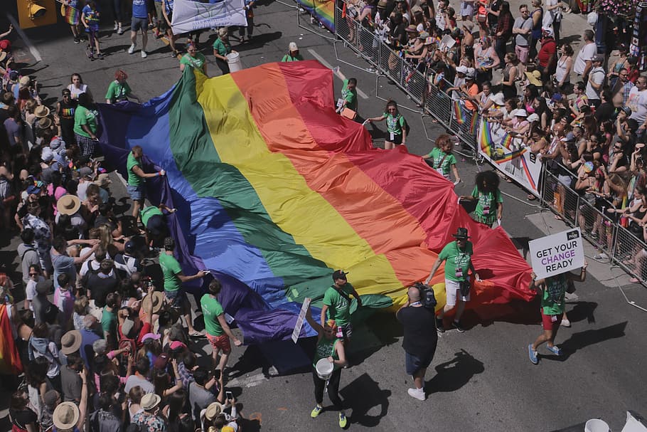 people, holding, multicolored, textile, Pride, Flag, Pride Flag, Canada, Toronto, pride, flag