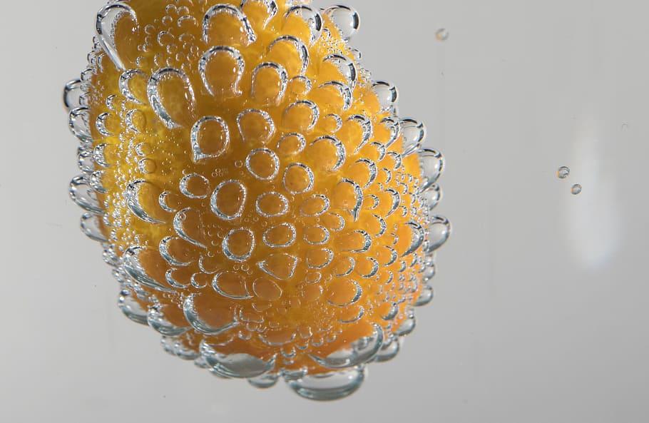 Kumquat, Bubbles, Mineral Water, water bubbles, moist, carbonic acid, blow, bubble, yellow, close-up