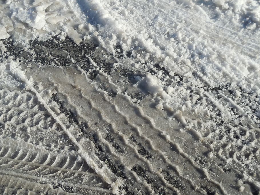aerial, view, snow field, tire tracks, snow, road, tire, truck, transportation, white