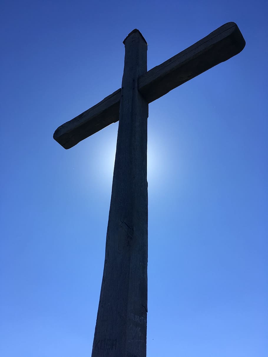 heaven, outdoors, christian cross, religion, cross, belief, spirituality, blue, low angle view, nature