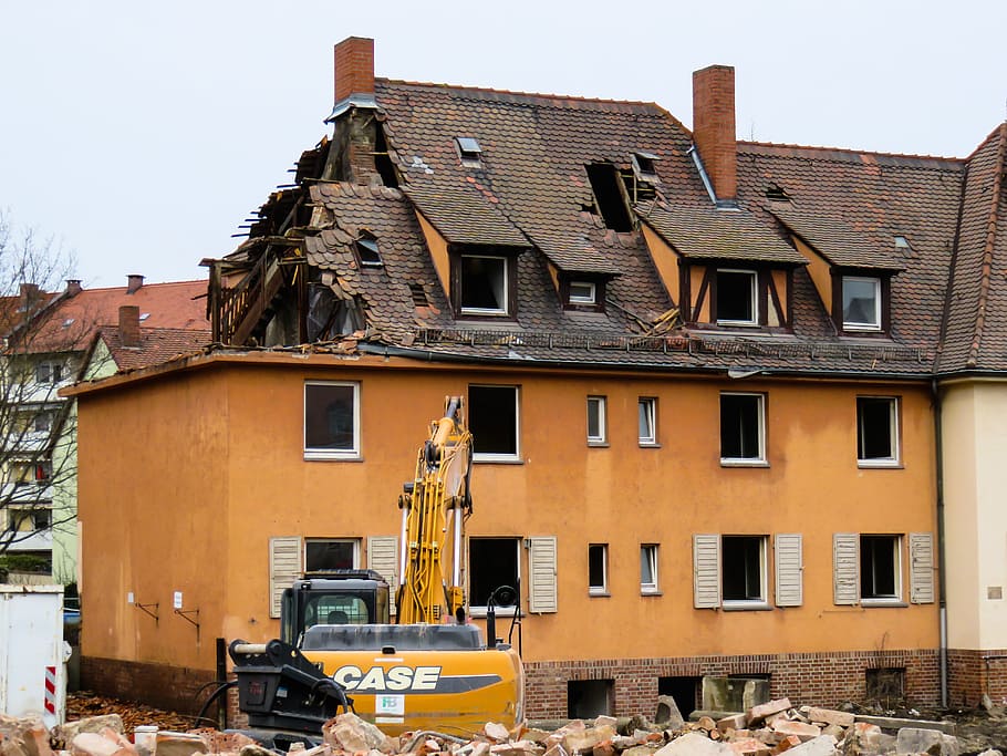 yellow, excavator, brown, house, architecture, building, home, crash, old, renewal