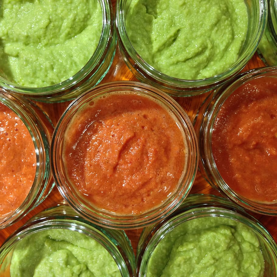 close-up photography, clear, mason jars, dips, sauces, glass, avocado, tomatoes, delicious, eat