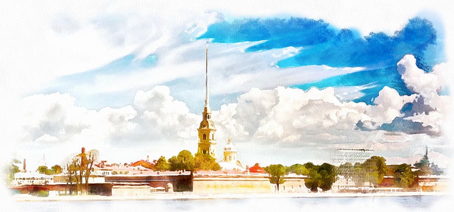st petersburg russia, watercolor, figure, russia, city, nature, romantic, sky, architecture, built structure
