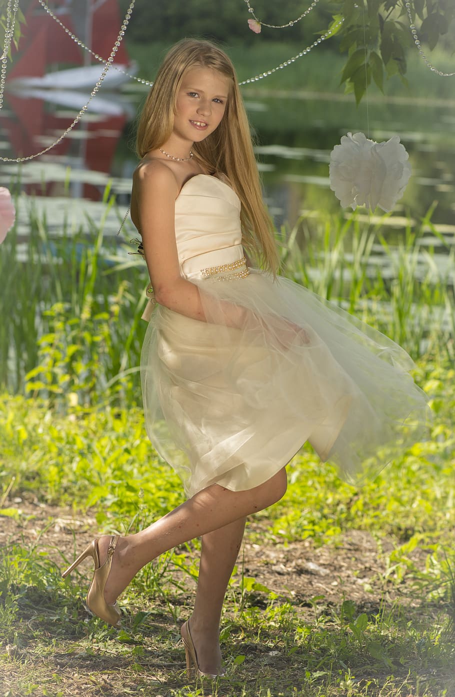 girl, white, sweetheart neckline strapless dress, green, grass field, nature, fun, happiness, colorful, life