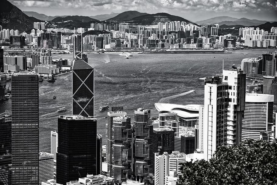 홍콩, 검정색과 흰색, 지평선, 마천루, 건축물, sw, 유리 외관, 타운 센터, 사무실 건물, 구름