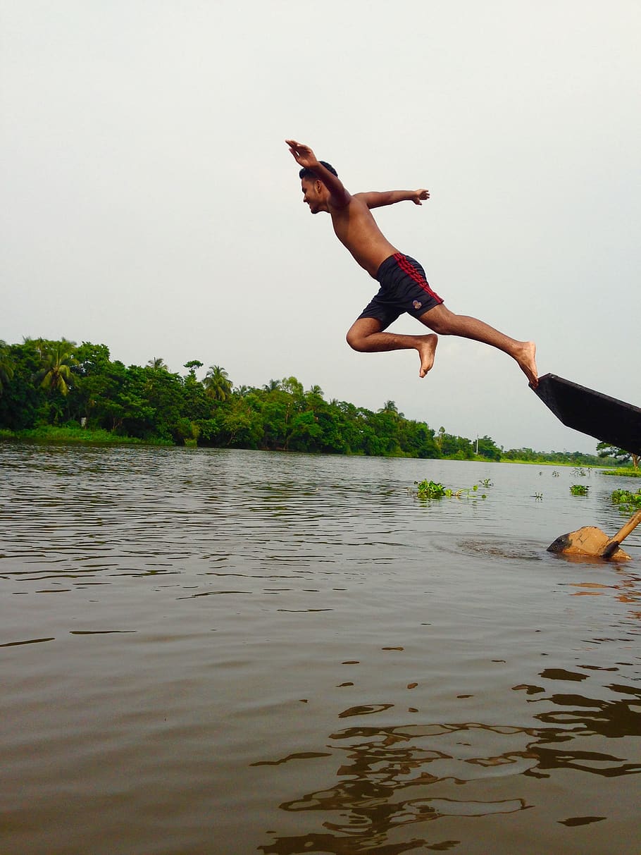 man, jump, pond, water, boat, jumping, people, success, happy, adventure
