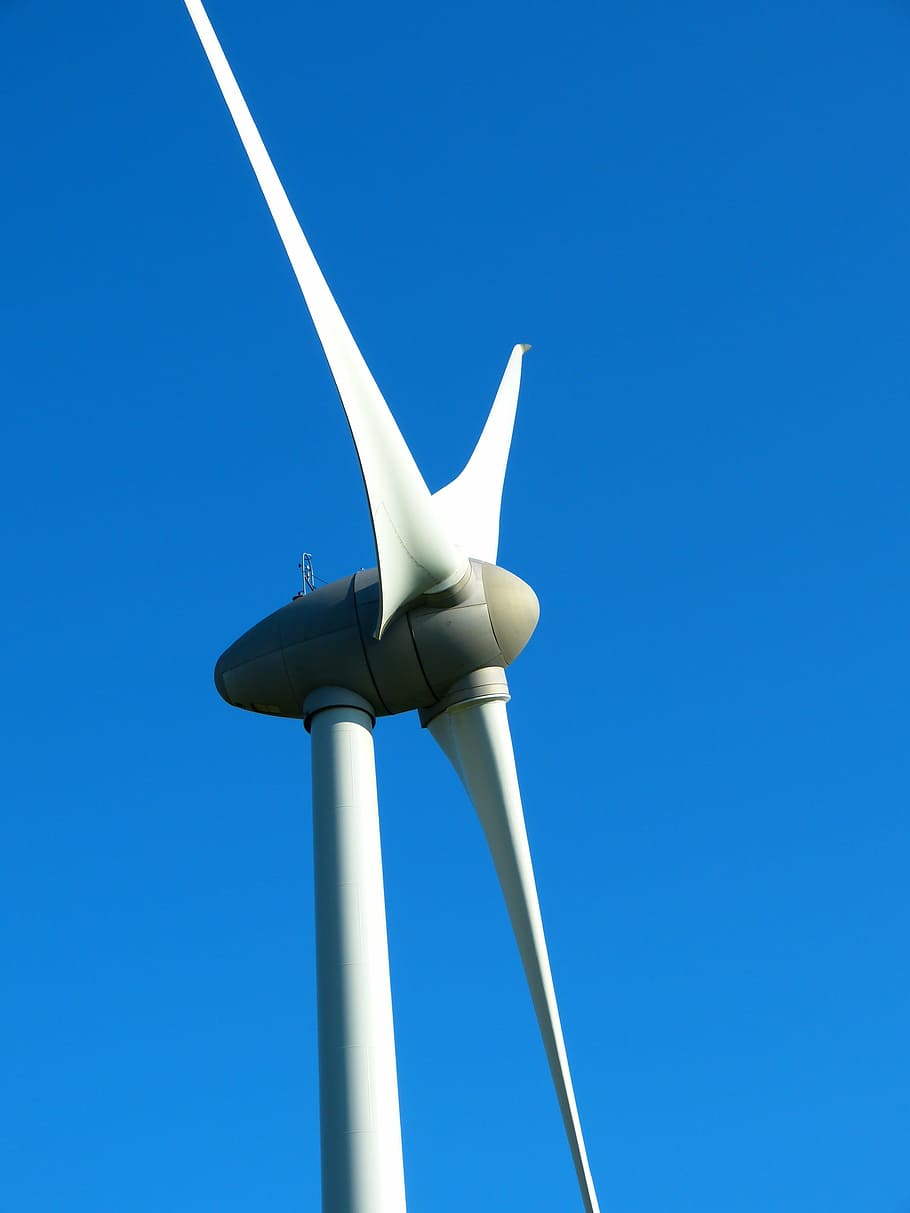 low, angle photography, white, grey, windmill, pinwheel, energy, environmental technology, sky, blue