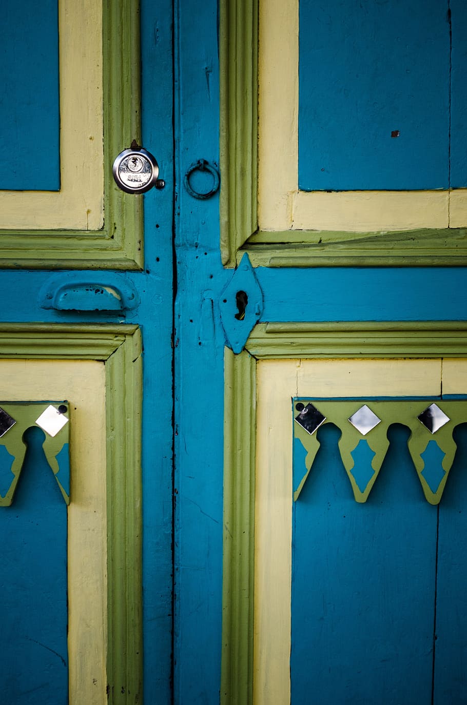 Door, Lock, Yellow, Rustic, Iron, blue, wood, keys, old door, worn