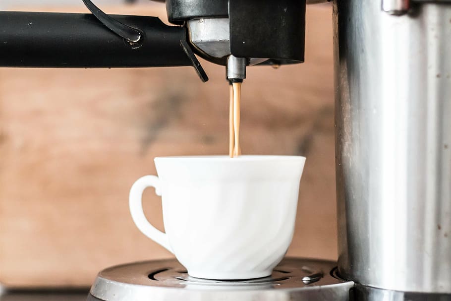 white, cup, filling, coffee, machine, coffee maker, restaurant, cafe, espresso, machinery