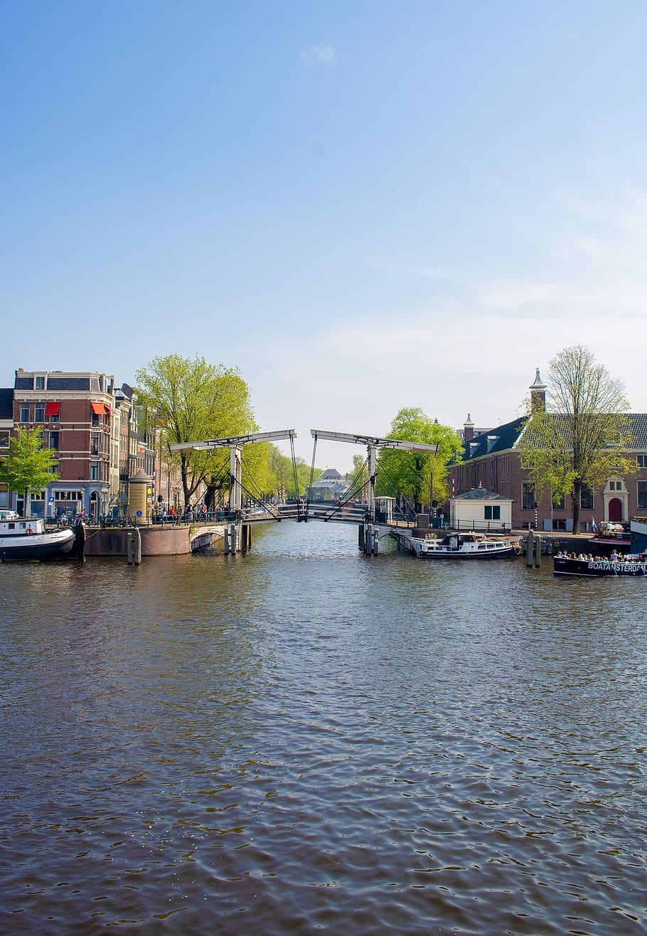 amsterdam, channel, drawbridge, waters, river, city, reflection, bridge, water, netherlands