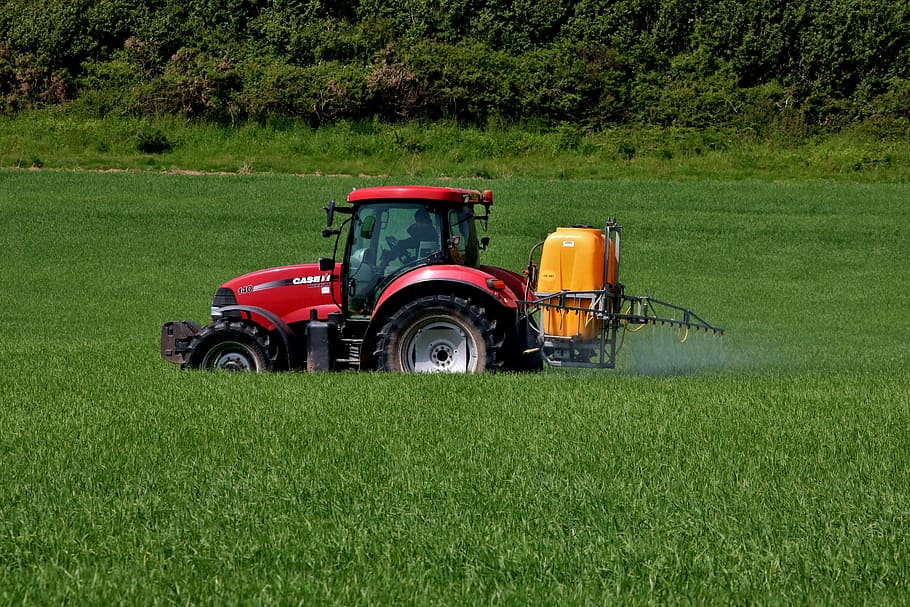 red, tractor, green, field, farm, countryside, spray, insecticide, green color, grass