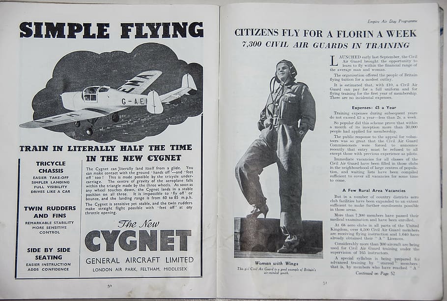 advert, plane, aeroplane, flying, woman, learning, historic, air, show, 1939