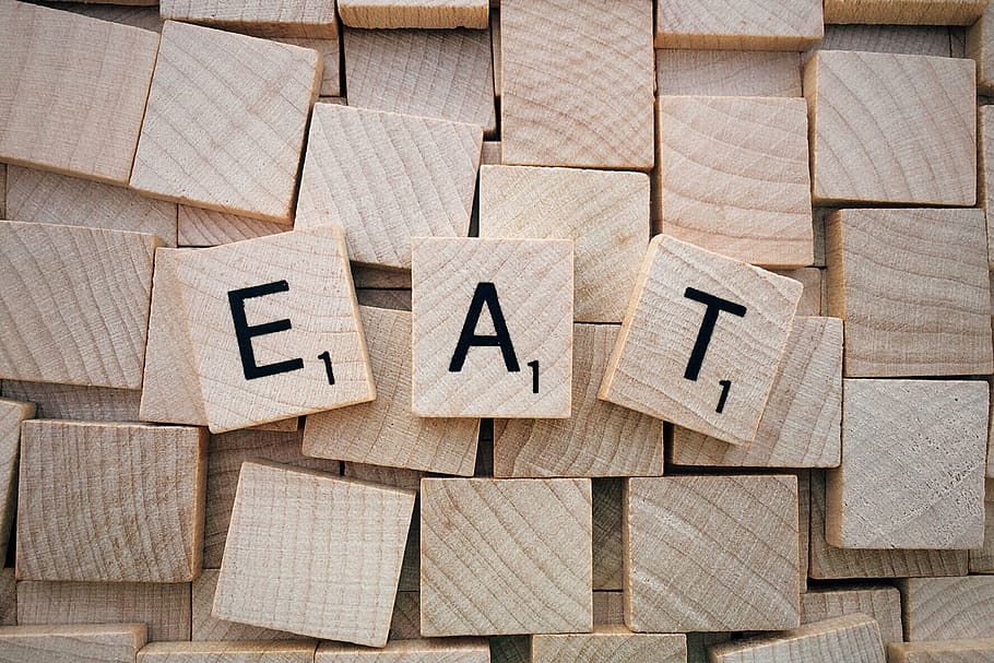 eat, word, scrabble, letters, wooden, wood - Material, backgrounds, full frame, large group of objects, toy block