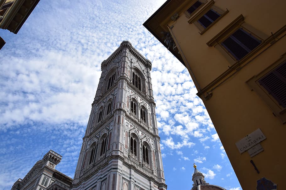 giotto, florence, tuscany, duomo, campanile, architecture, monument, the giotto bell tower, clouds, italy