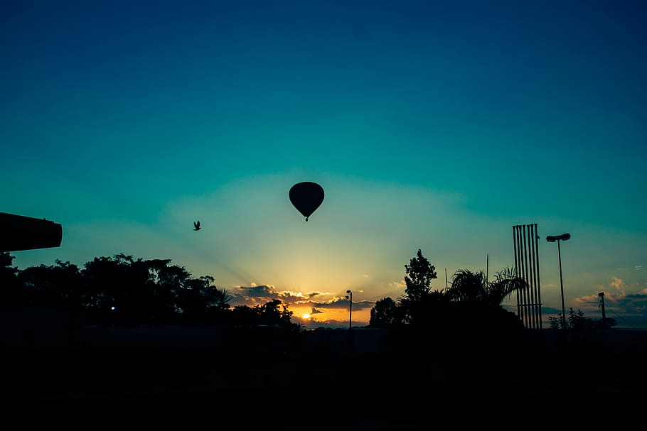 silhueta, quente, balão de ar, flutuante, ar, balão, azul, céu, natureza, paisagem