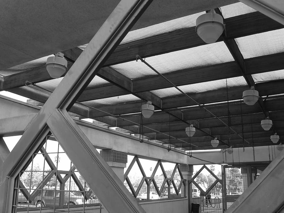 black and white, architecture perspective, industrial design, san bernardino, architecture, built structure, indoors, day, girder, close-up