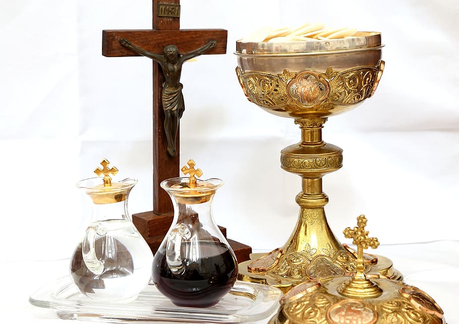 brown, wooden, crucifix, two, glass containers, gold goblet, cross, chalice, wine, water